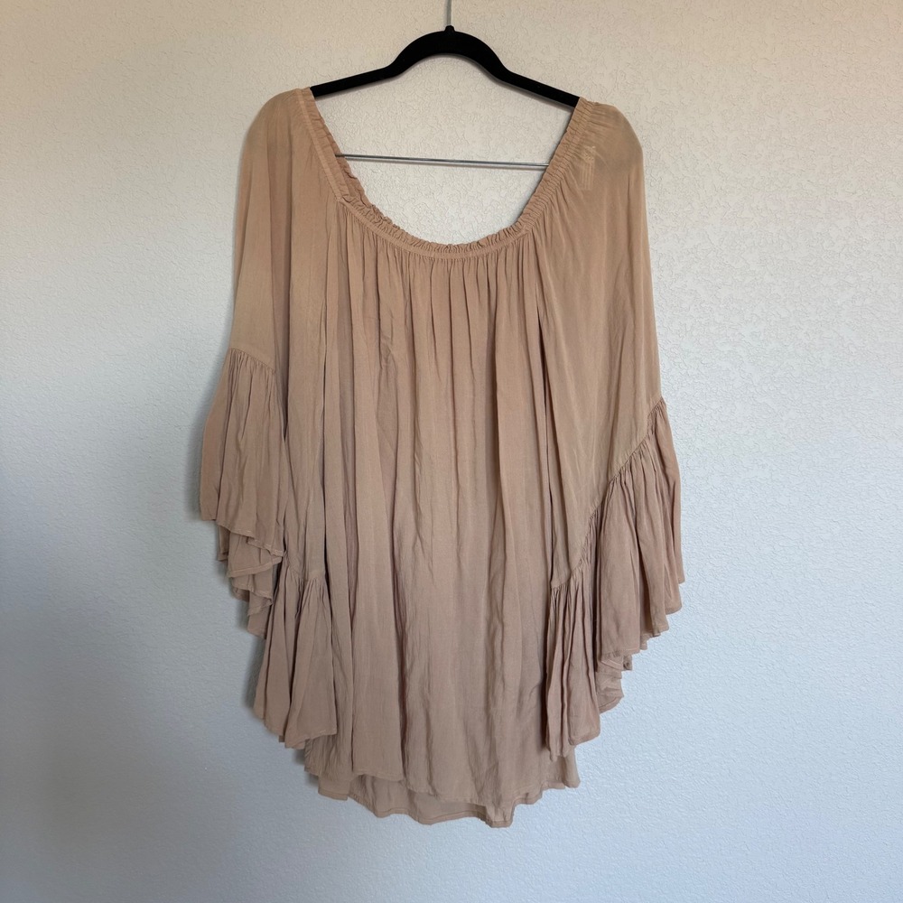 Indah Womens Tan Off The Shoulder Ruffle Bell Sleeve Mini Dress Boho Vacation